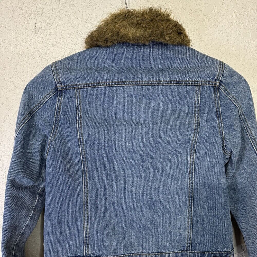 One Tuff Babe Denim Jacket Faux Fur Trim Blue Woman Size L Button Close - Picture 9 of 11